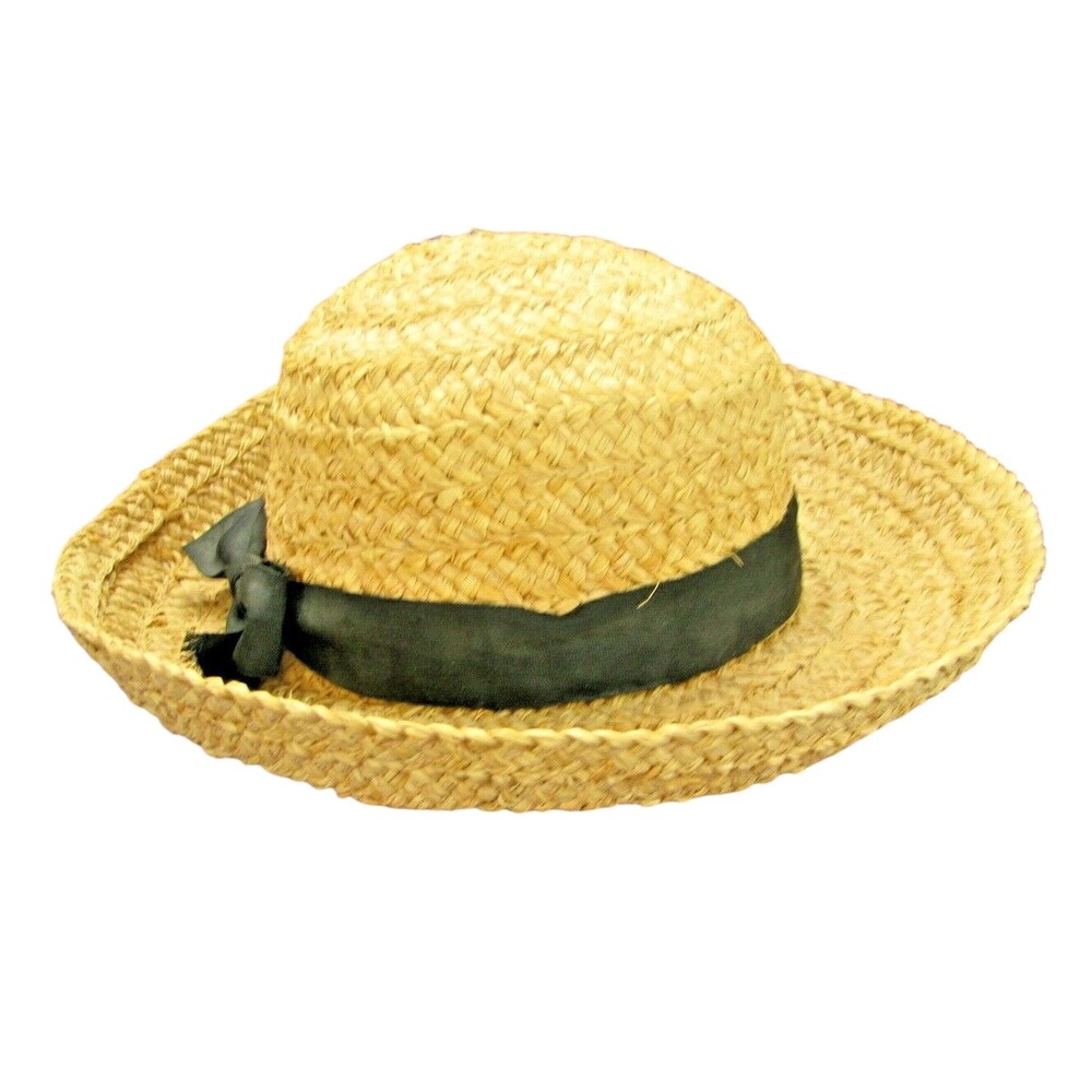 VTG KATHY JEANNE Sun Hat Mushroom Garden NATURAL STRAW Black Ribbon SIDE BOW